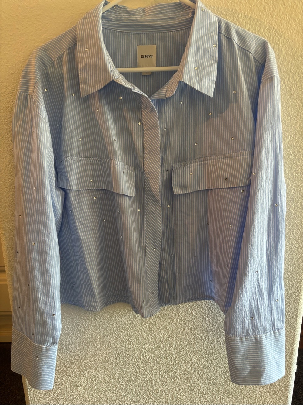 Maeve Blue Pinstripe Shirt with Silver Stud Accents